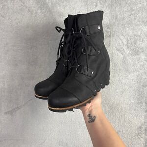 Sorel Joan of Arctic Wedge II Black Leather Lace Up Ankle Boots 8.5 Womens
